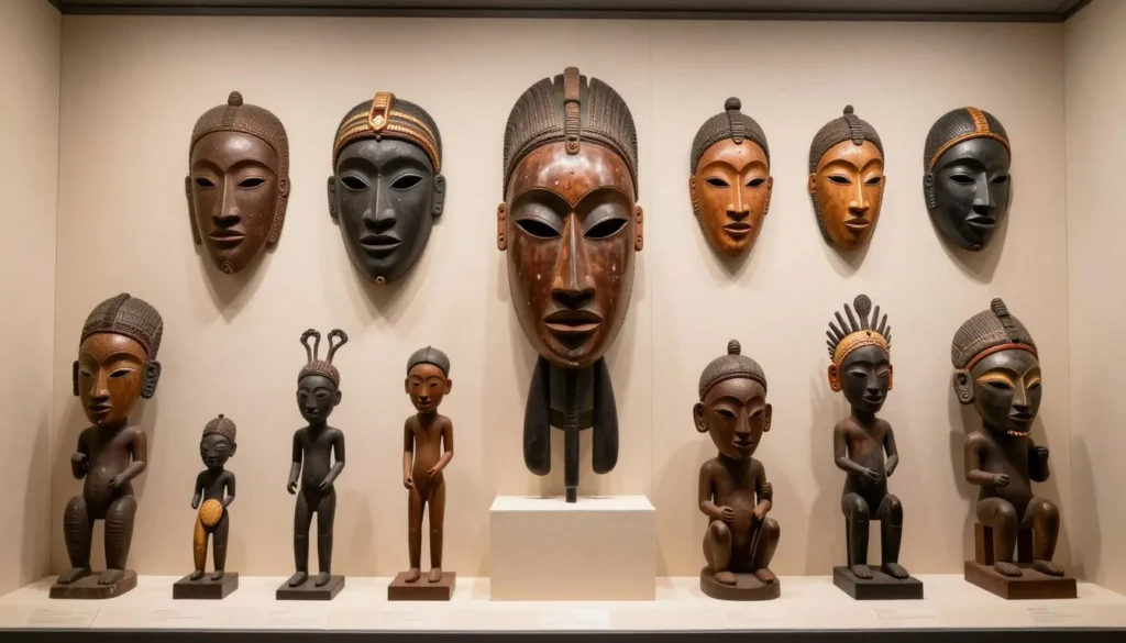 Traditional African art masks and sculptures on display
