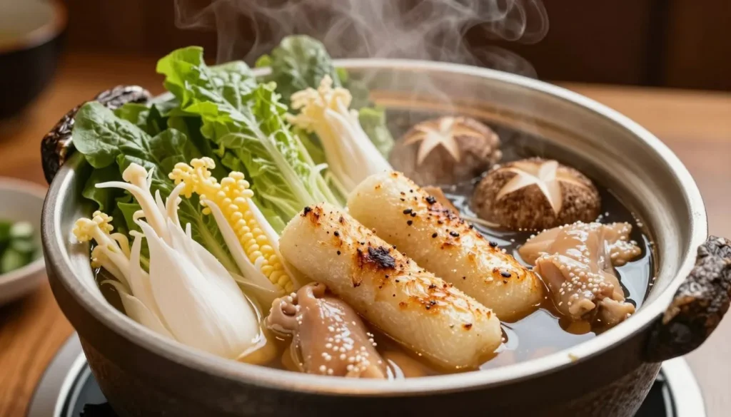 Traditional Akita kiritanpo hot pot with vegetables and chicken in rustic setting
