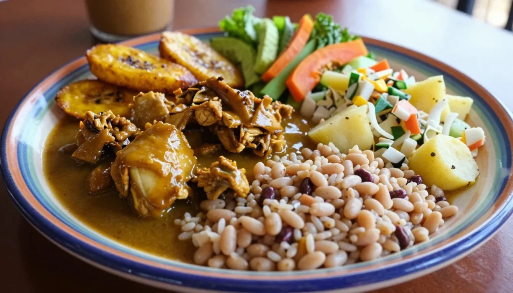 Traditional Belizean rice and beans dish served with stewed chicken and plantains on colorful plate