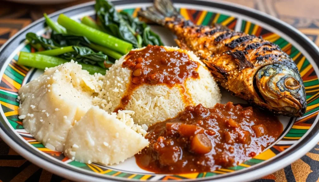 Traditional Benin dish with fufu and spicy sauce served on colorful plate