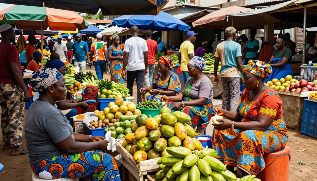 Traditional Benin market scene with vendors selling colorful textiles and local produce