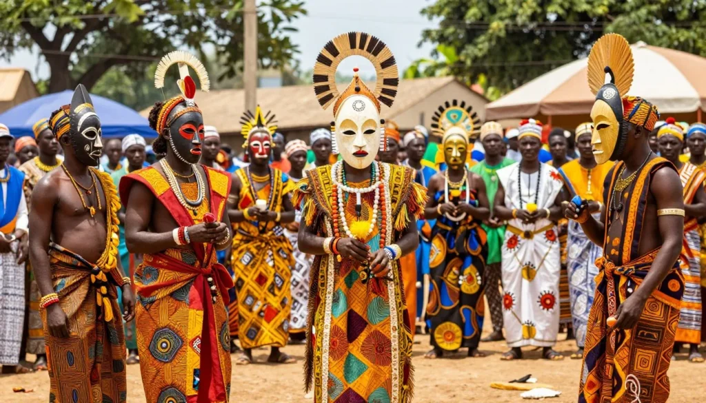 Traditional Benin voodoo ceremony with colorful costumes and ritual masks