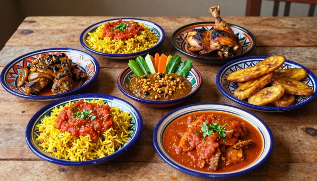 Traditional Burkinabe meal presentation with rice, sauce, and grilled meat served in colorful ceramic dishes Traditional Burkinabe meal presentation with rice, sauce, and grilled meat served in colorful ceramic dishes