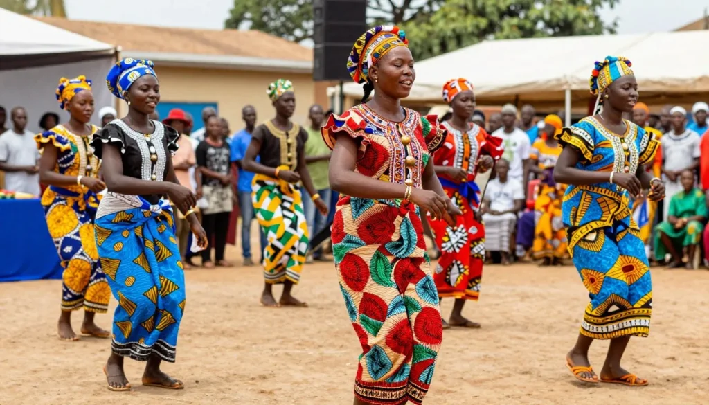 Traditional Cameroonian dancers in colorful costumes performing