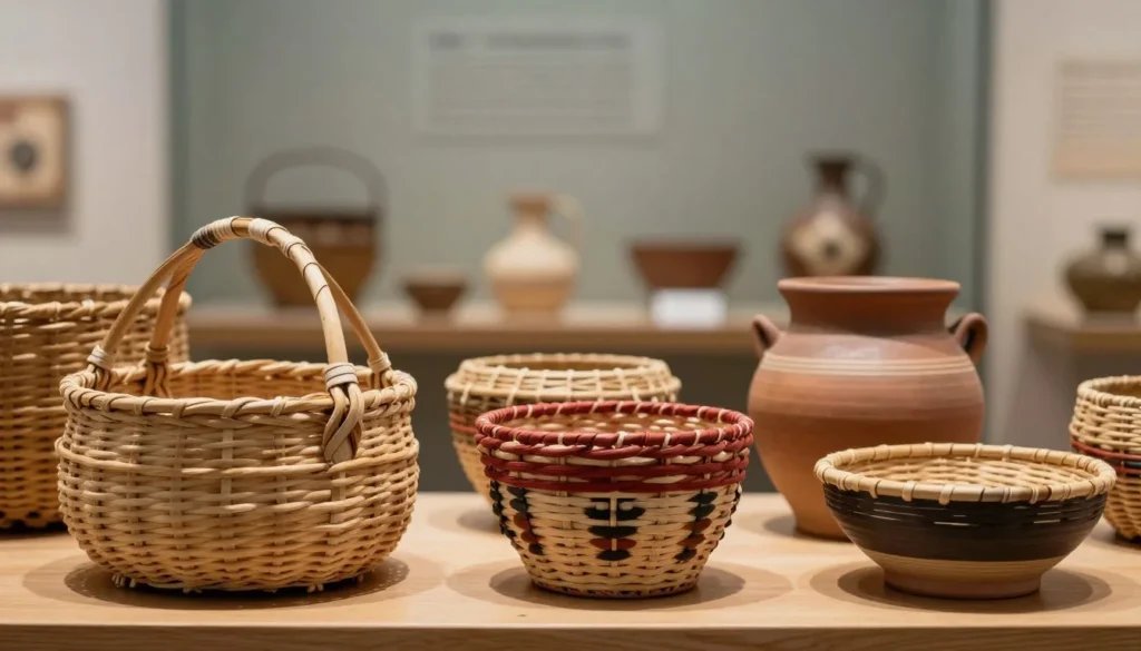 Traditional Cherokee crafts and artifacts display in museum setting with blurred background Traditional Cherokee crafts and artifacts display in museum setting with blurred background
