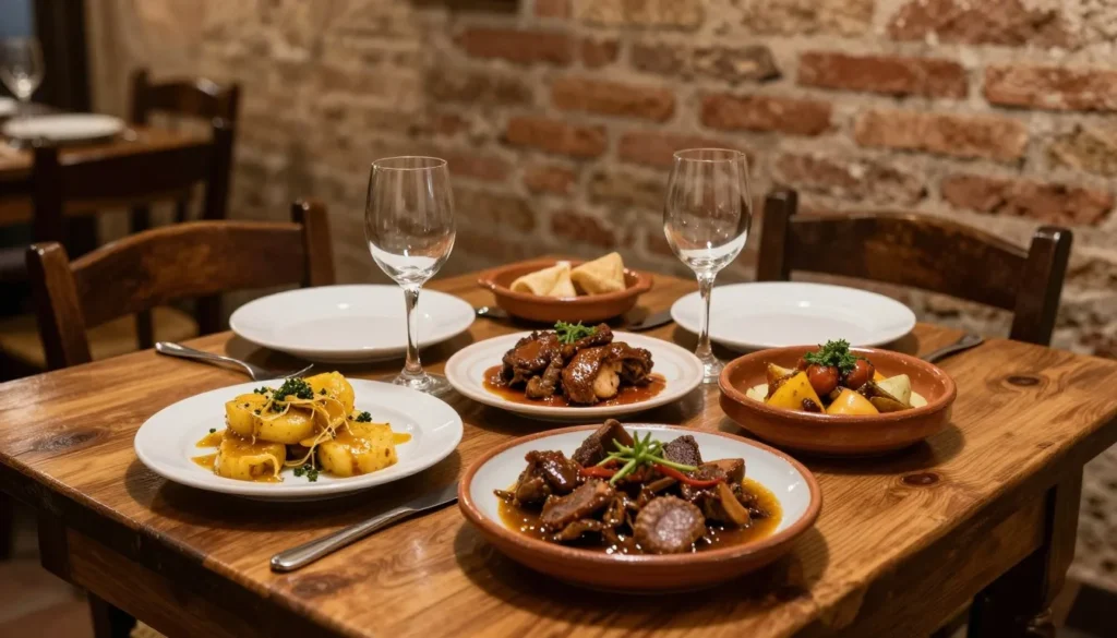 Traditional Cuenca restaurant table set with local dishes and wine in rustic setting