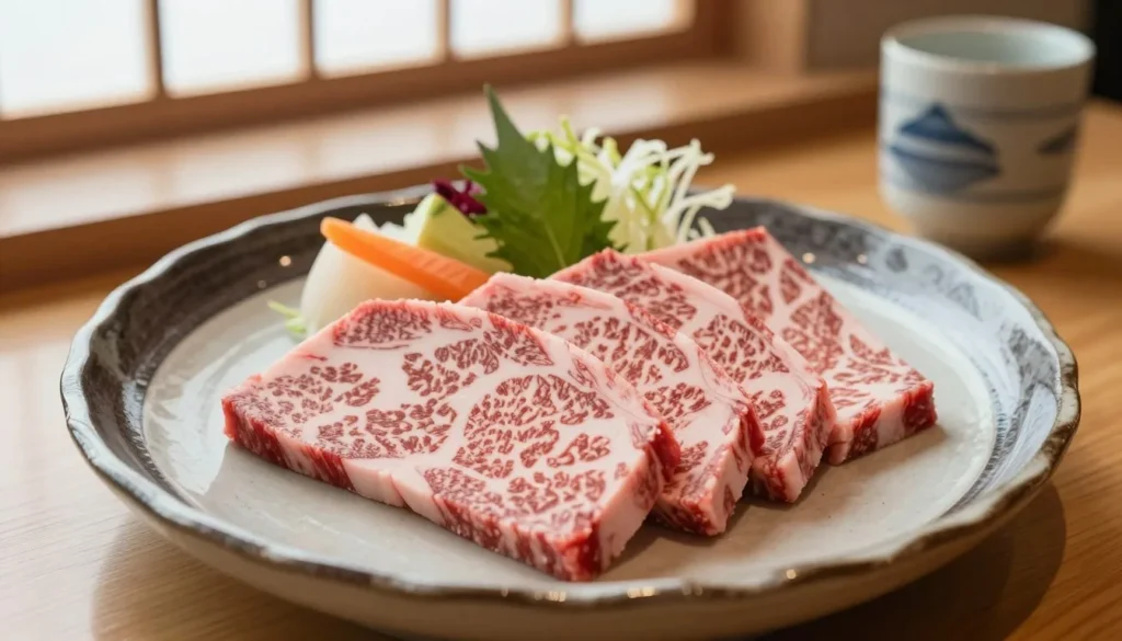 Traditional Hida beef dish served on beautiful ceramic plate