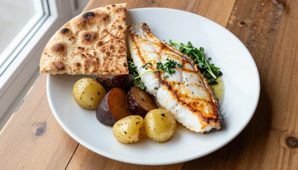 Traditional Icelandic seafood dish with fresh fish, vegetables and Icelandic flatbread on rustic wooden table