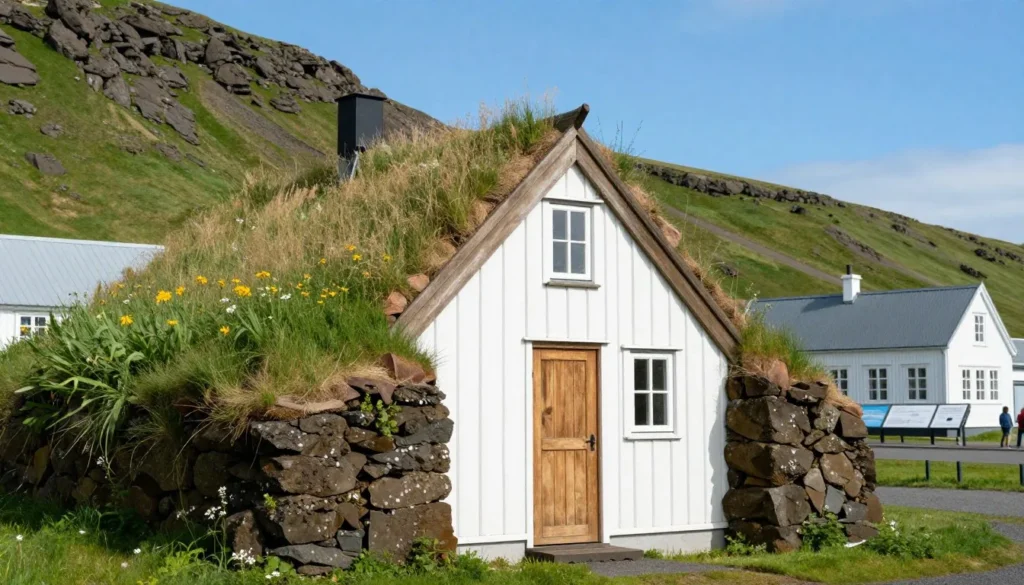 Traditional Icelandic turf house museum with grass roof and white walls on Snaefellsnes Peninsula