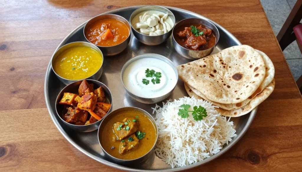 Traditional Indian thali vegetarian meal served on a metal plate with multiple small bowls containing different curries and accompaniments