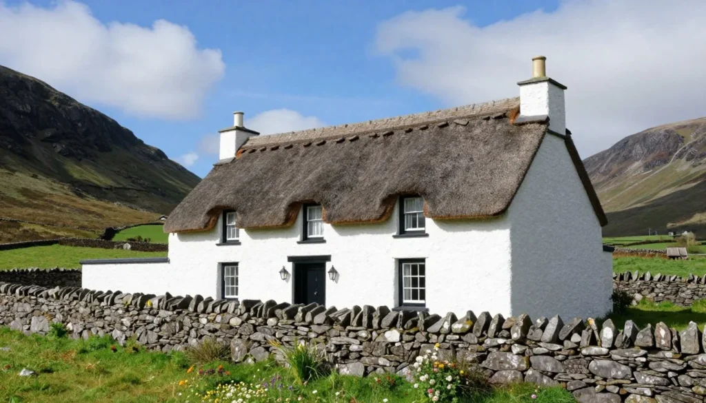 Traditional Irish cottage with stone walls in Connemara countryside