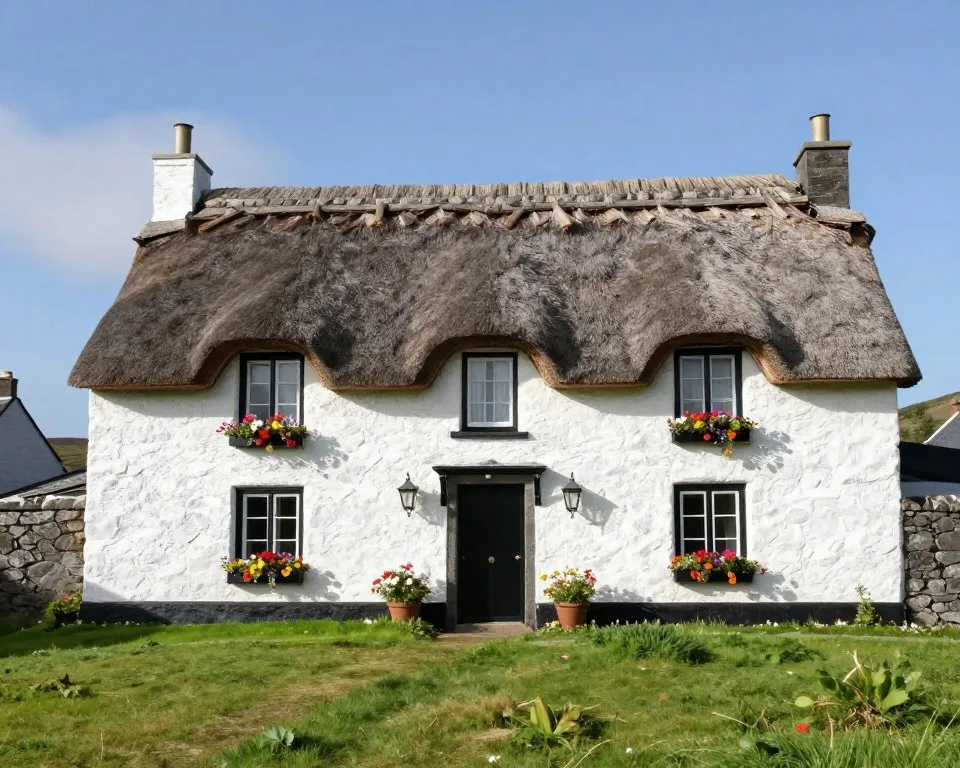 Traditional Irish cottage with thatched roof and stone walls in rural Kerry County Traditional Irish cottage with thatched roof and stone walls in rural Kerry County