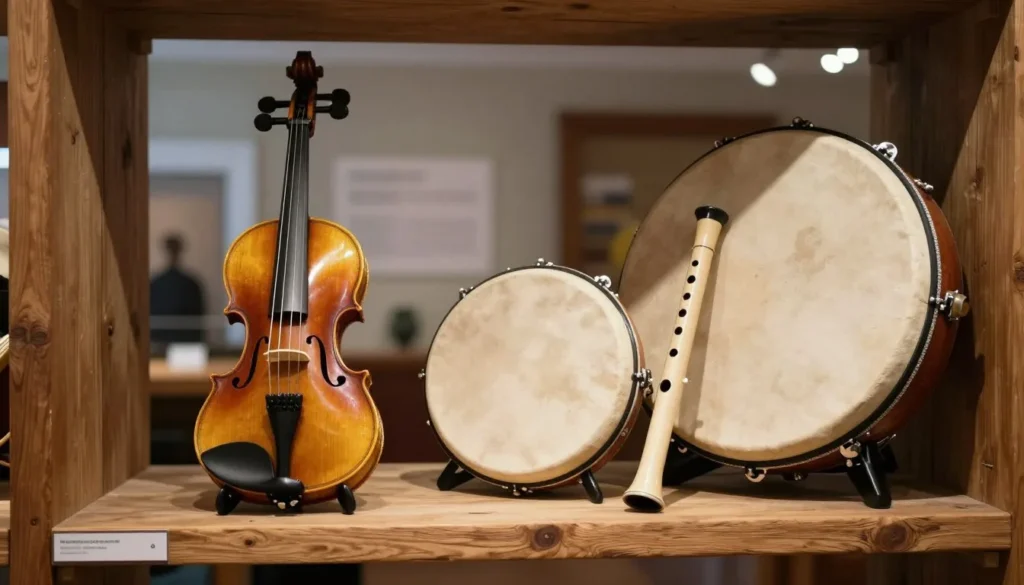 Traditional Irish culture exhibit with musical instruments and historical artifacts