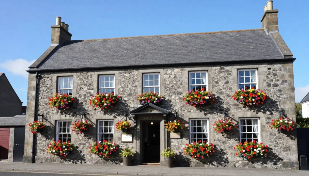 Traditional Irish hotel exterior in Kilkenny with stone facade and window flower boxes