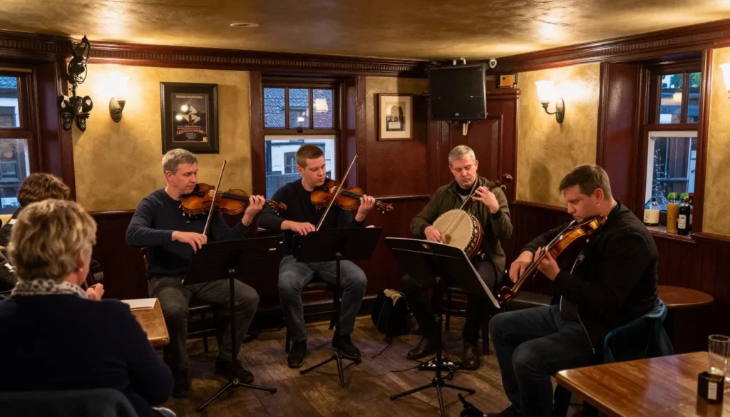 Traditional Irish music session in Dingle town pub with musicians and diverse audience