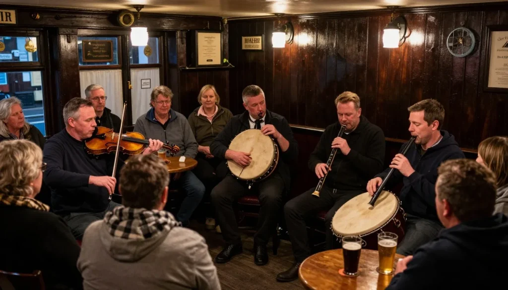 Traditional Irish musicians performing in a cozy pub with instruments and audience