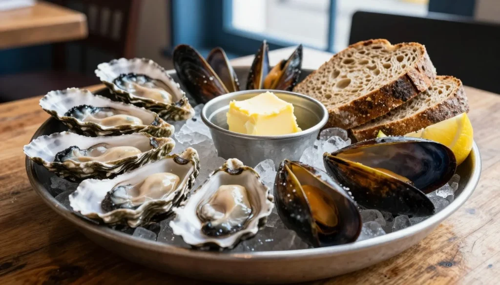 Traditional Irish seafood platter with fresh oysters, mussels and brown bread served at Waterford restaurant