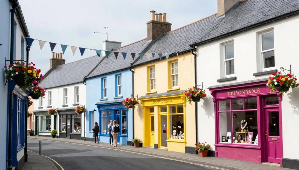 Traditional Irish village street on Inishowen Peninsula with colorful shopfronts
