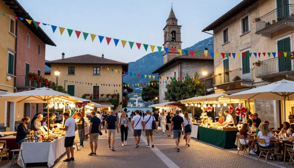 Traditional Italian festival celebration in Lake Garda town square with colorful decorations, local people, and historic buildings Traditional Italian festival celebration in Lake Garda town square with colorful decorations, local people, and historic buildings