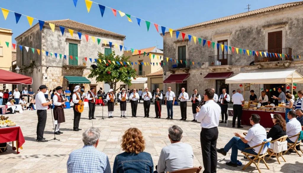 Traditional Italian festival celebration in coastal island town with colorful decorations and gathering of local people