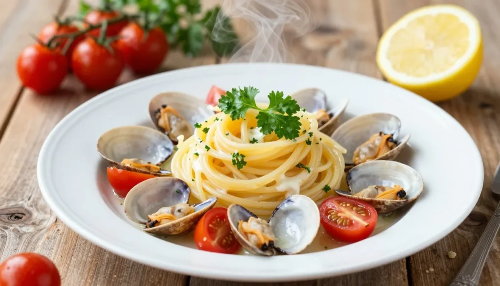 Traditional Italian pasta dish with fresh seafood and lemon