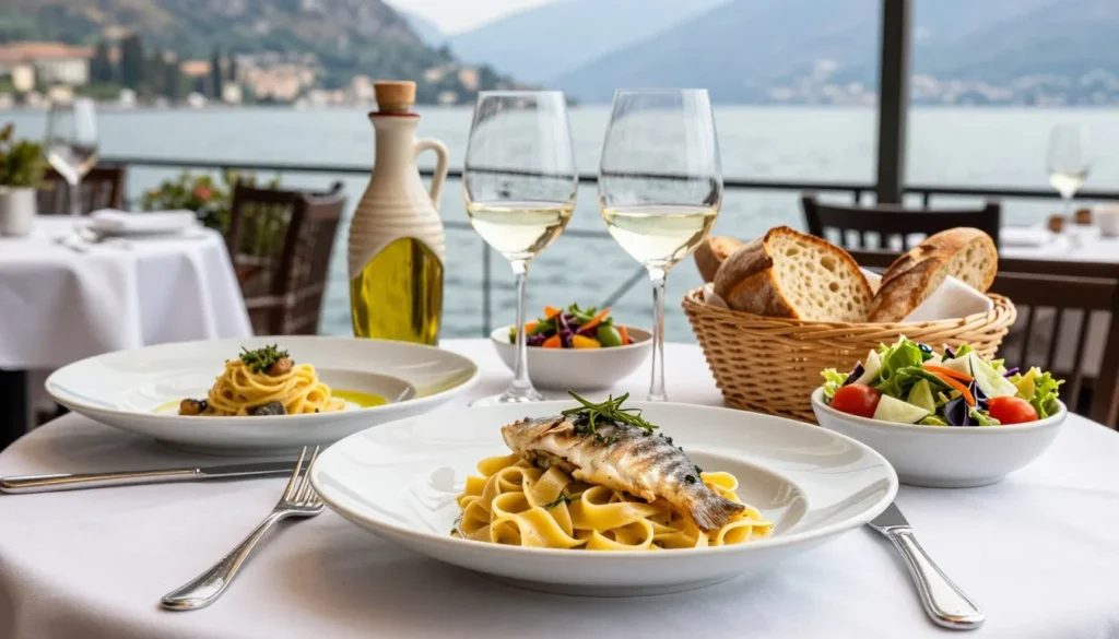 Traditional Italian restaurant table setting with Lake Garda regional dishes and wine glasses overlooking the water Traditional Italian restaurant table setting with Lake Garda regional dishes and wine glasses overlooking the water