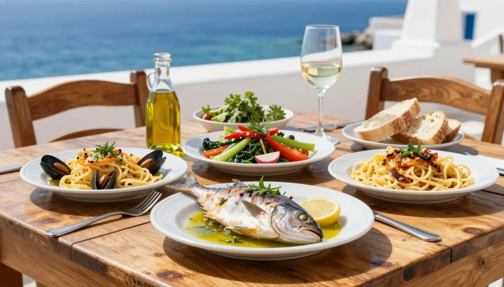 Traditional Italian seafood dishes with fresh tuna and local specialties on rustic table