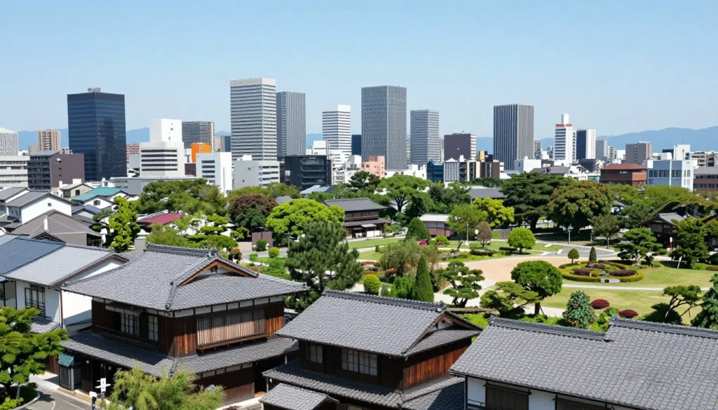 Traditional Japanese architecture of Takamatsu city with modern buildings in background and surrounding greenery Traditional Japanese architecture of Takamatsu city with modern buildings in background and surrounding greenery