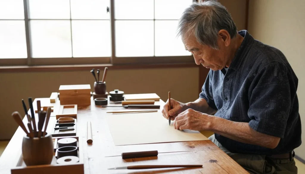 Traditional Japanese craft workshop with artisan creating local handicraft