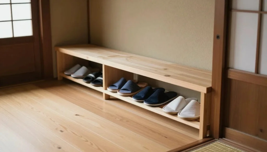 Traditional Japanese entrance with shoes removed at the genkan