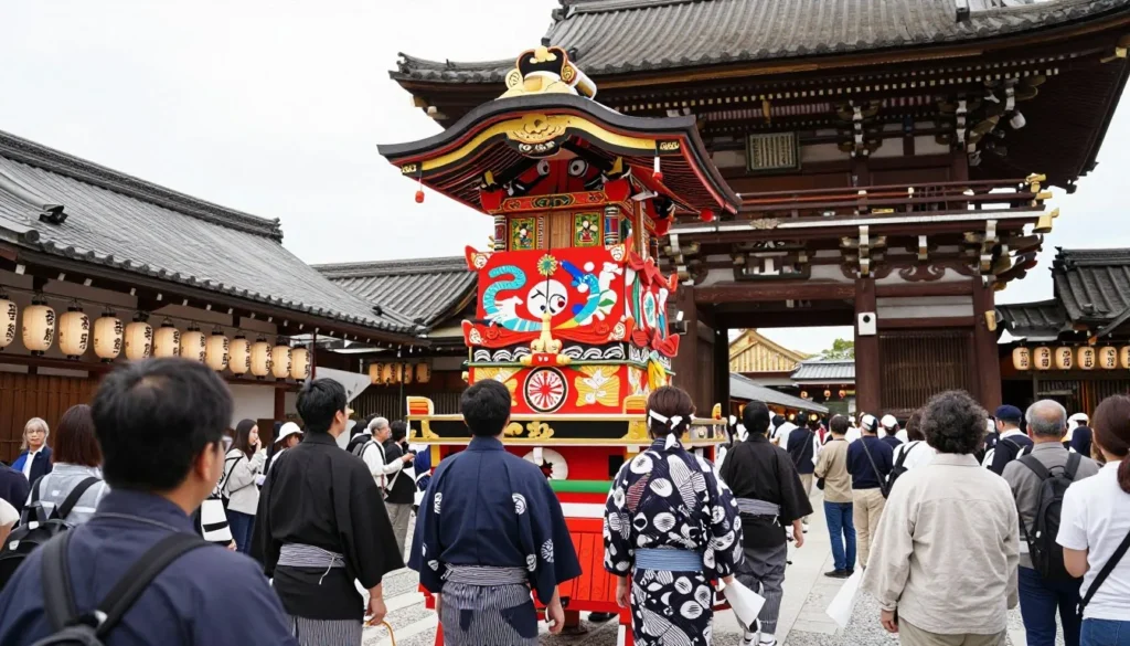 Traditional Japanese festival at Kushida Shrine with colorful decorations and participants in traditional clothing Traditional Japanese festival at Kushida Shrine with colorful decorations and participants in traditional clothing