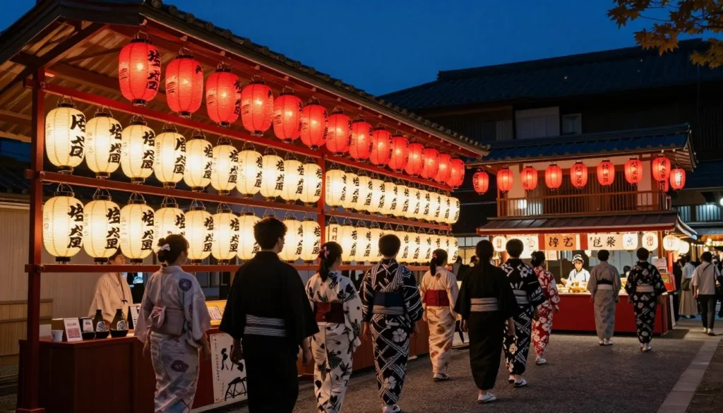 Traditional Japanese festival decorations illuminated at night