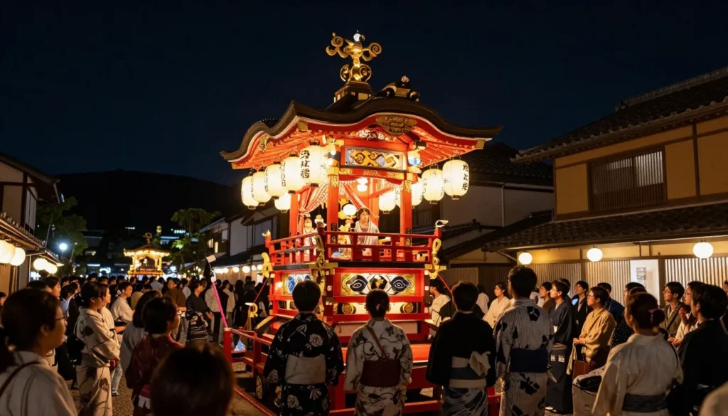 Traditional Japanese festival float decorated with lanterns in Gifu at night