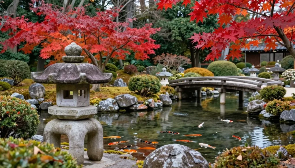 Traditional Japanese garden with koi pond and maple trees Traditional Japanese garden with koi pond and maple trees