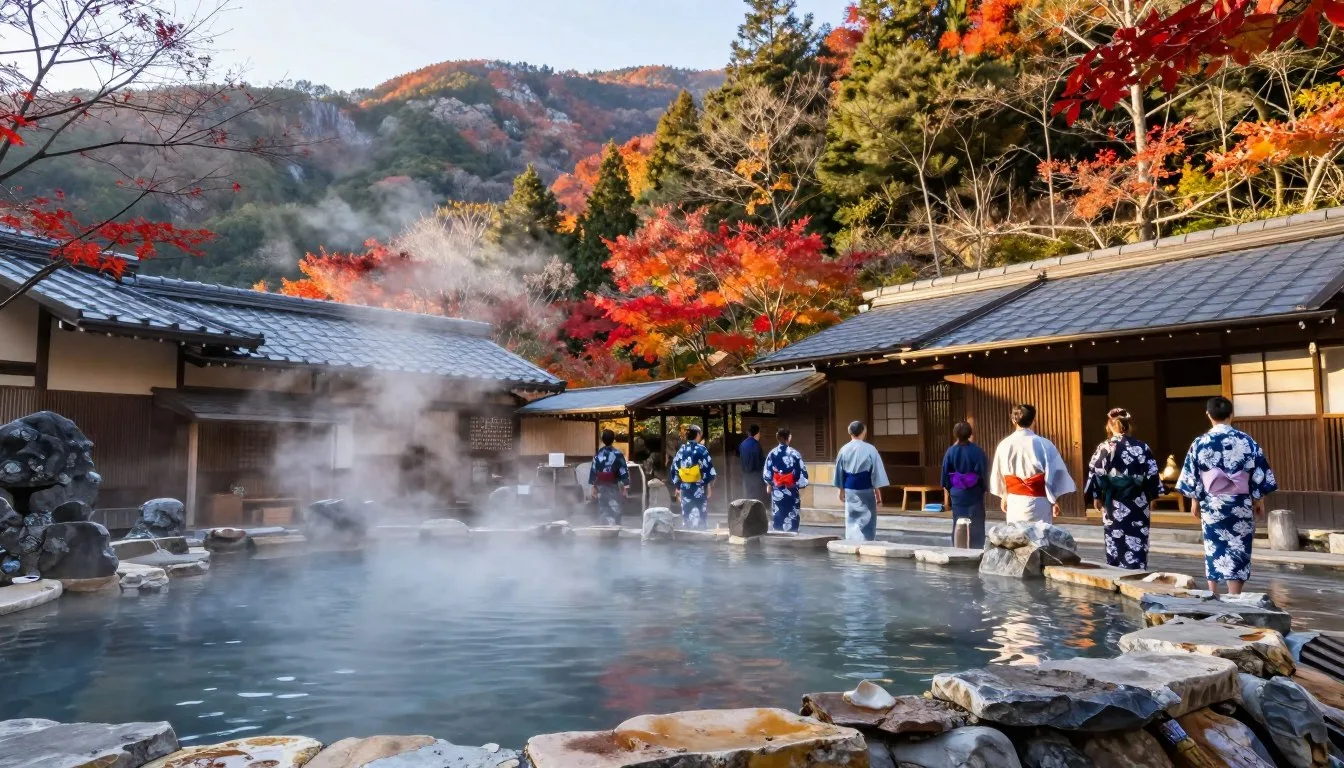 Traditional Japanese hot spring resort in Gunma Prefecture surrounded by autumn mountains