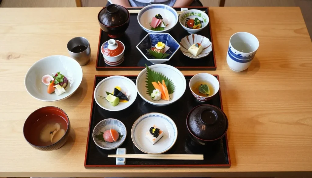 Traditional Japanese kaiseki meal presentation with multiple dishes on wooden table Traditional Japanese kaiseki meal presentation with multiple dishes on wooden table