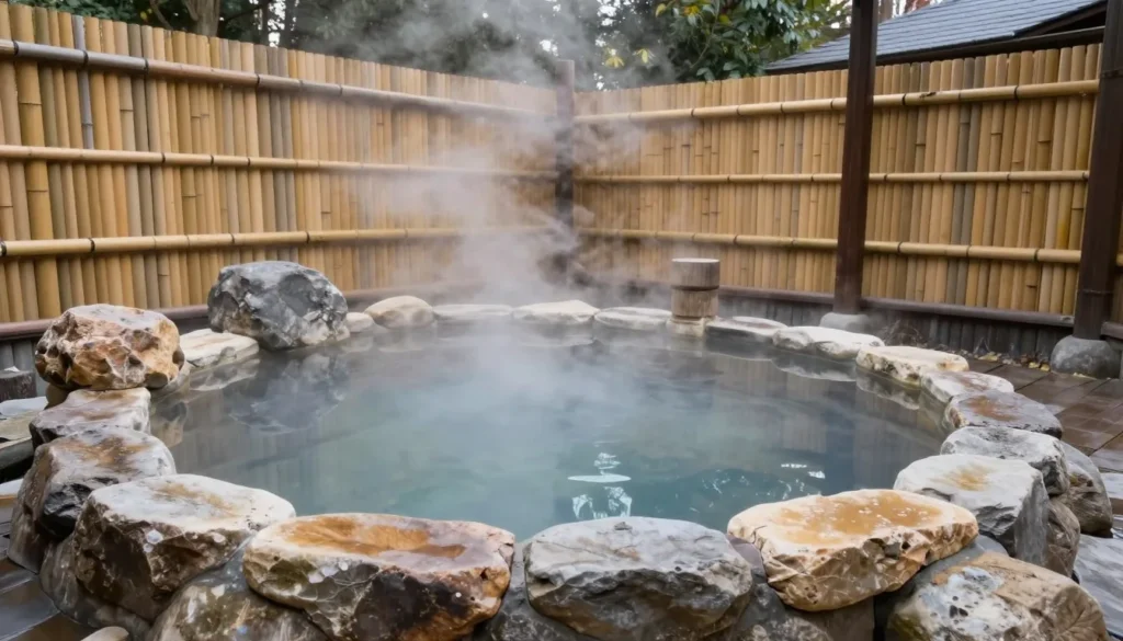 Traditional Japanese outdoor hot spring bath surrounded by nature
