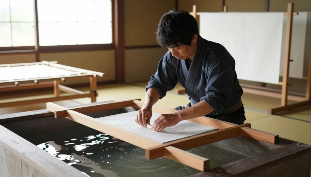 Traditional Japanese paper-making demonstration showing artisan at work