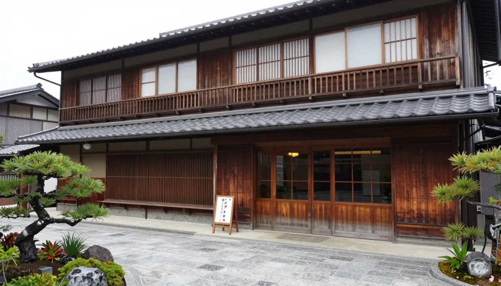 Traditional Japanese ryokan exterior with wooden architecture and welcoming entrance in Yufuin Traditional Japanese ryokan exterior with wooden architecture and welcoming entrance in Yufuin