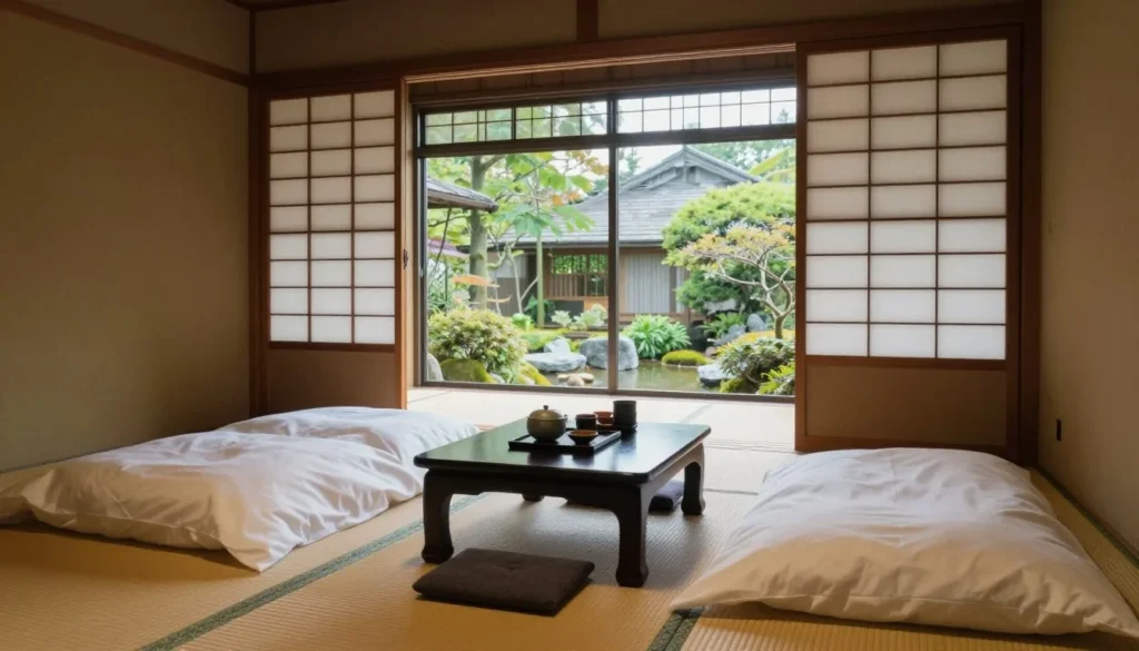 Traditional Japanese ryokan interior with tatami mats and sliding doors