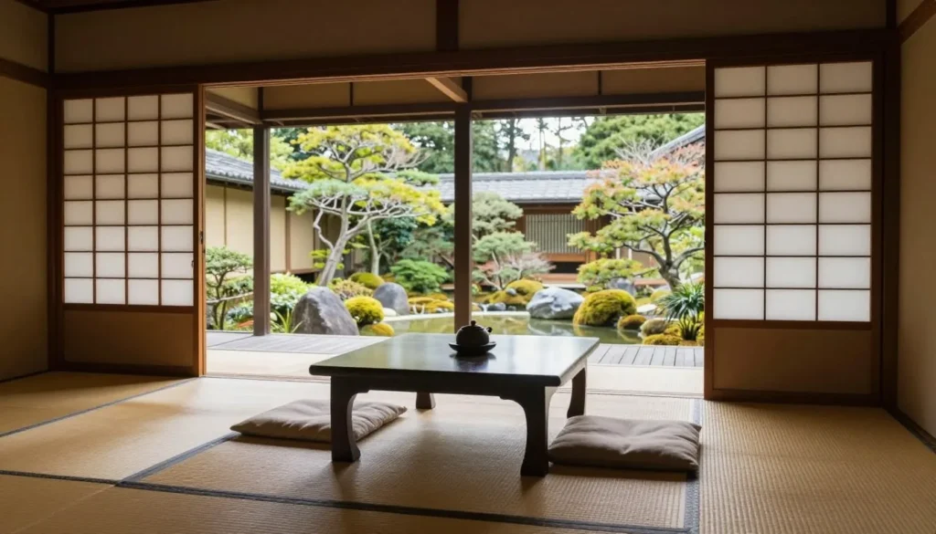 Traditional Japanese ryokan room with tatami mats and garden view Traditional Japanese ryokan room with tatami mats and garden view