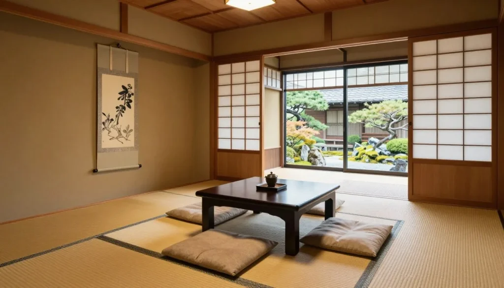 Traditional Japanese ryokan room with tatami mats and sliding doors