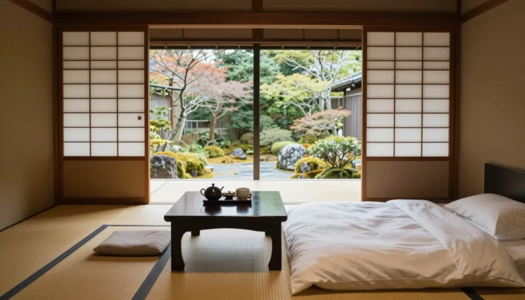 Traditional Japanese ryokan room with tatami mats, futon bedding, and sliding shoji screens overlooking peaceful garden