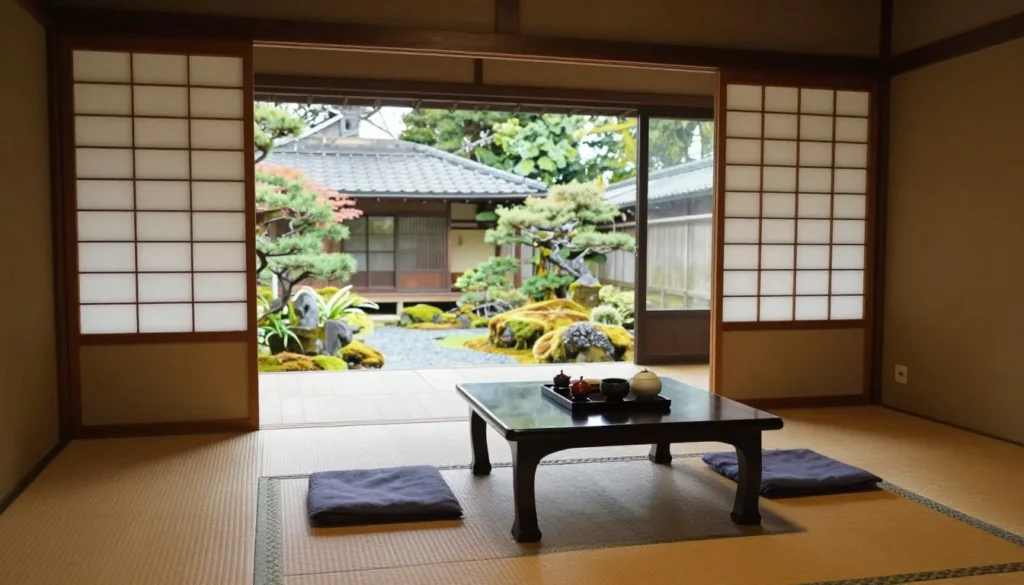 Traditional Japanese ryokan room with tatami mats, sliding shoji doors, and garden view Traditional Japanese ryokan room with tatami mats, sliding shoji doors, and garden view