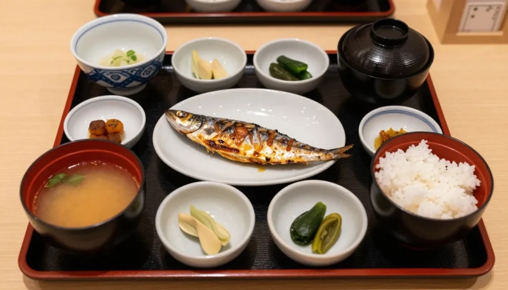 Traditional Japanese set meal with multiple small dishes