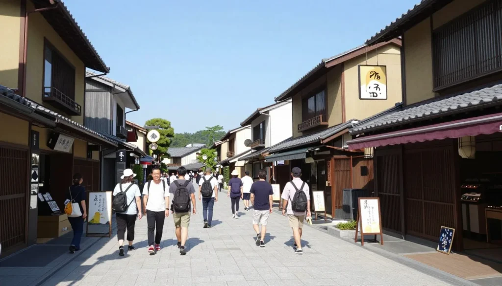Traditional Japanese street in Oita with local shops and cultural architecture under blue sky Traditional Japanese street in Oita with local shops and cultural architecture under blue sky