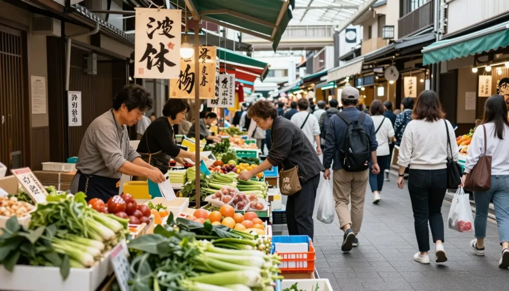 Traditional Japanese street market in Fukuoka with fresh produce and local goods Traditional Japanese street market in Fukuoka with fresh produce and local goods