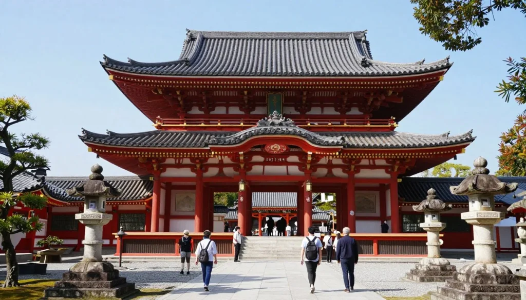Traditional Japanese temple building in Oita with visitors exploring peaceful grounds
