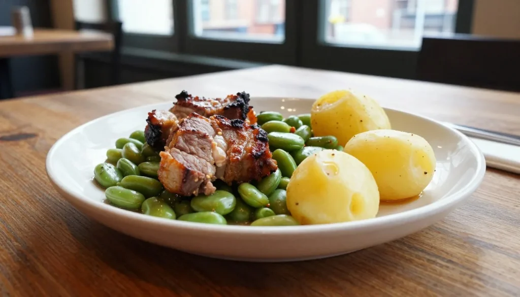 Traditional Luxembourgish cuisine Judd mat Gaardebounen served in rustic restaurant setting