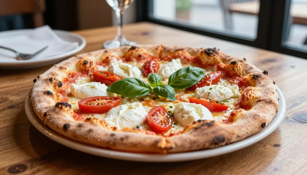 Traditional Neapolitan pizza with buffalo mozzarella and fresh basil on rustic wooden table Traditional Neapolitan pizza with buffalo mozzarella and fresh basil on rustic wooden table